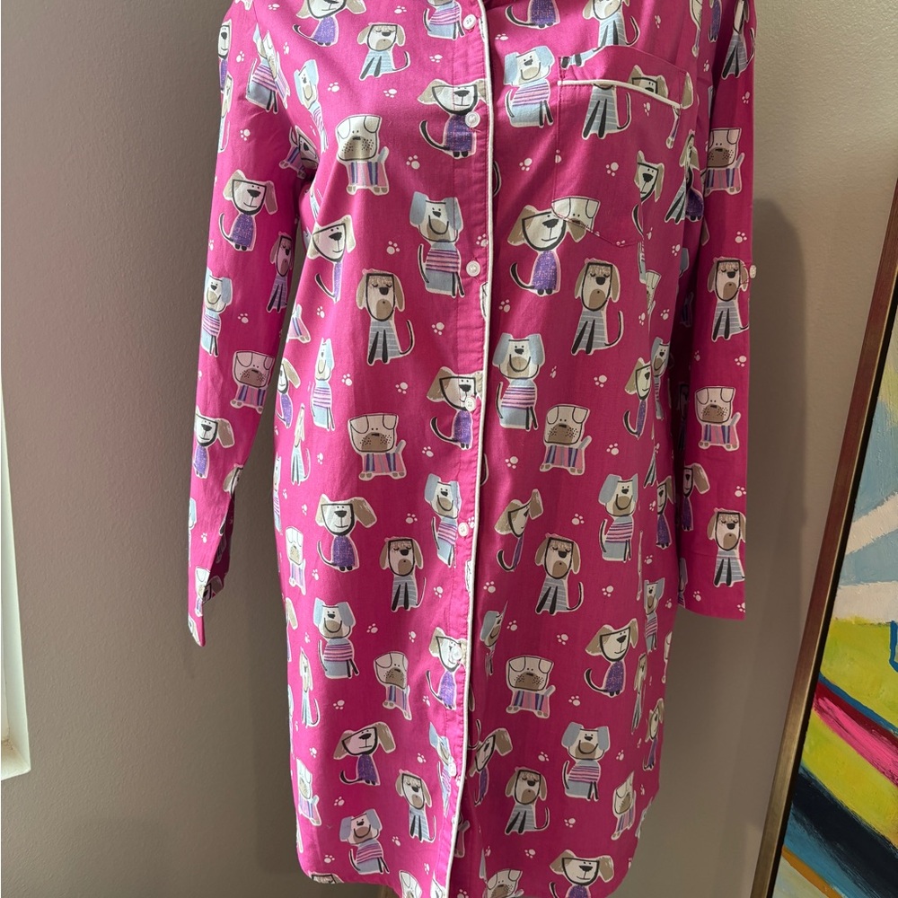 Puppy Dog Print Cotton button Nightshirt pajama dress M